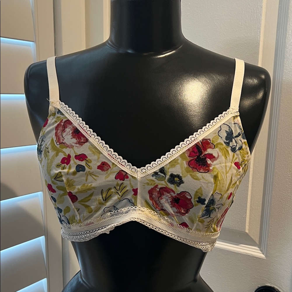 Floral Lace Trim Bralette - Cream with Pink & Blue Floral